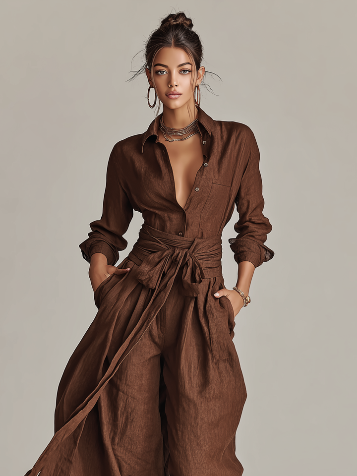 Eduarda | Macacão feminino elegante castanho com gola de camisa