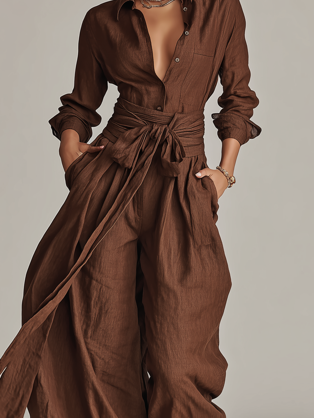 Eduarda | Macacão feminino elegante castanho com gola de camisa