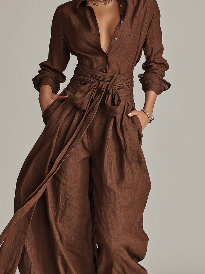 Eduarda | Macacão feminino elegante castanho com gola de camisa