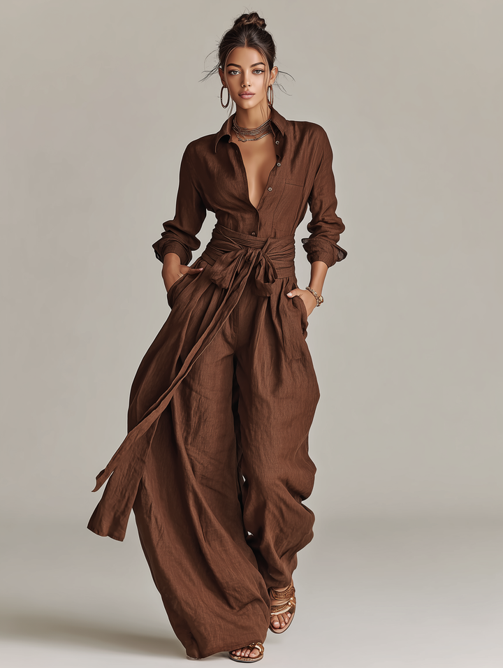 Eduarda | Macacão feminino elegante castanho com gola de camisa