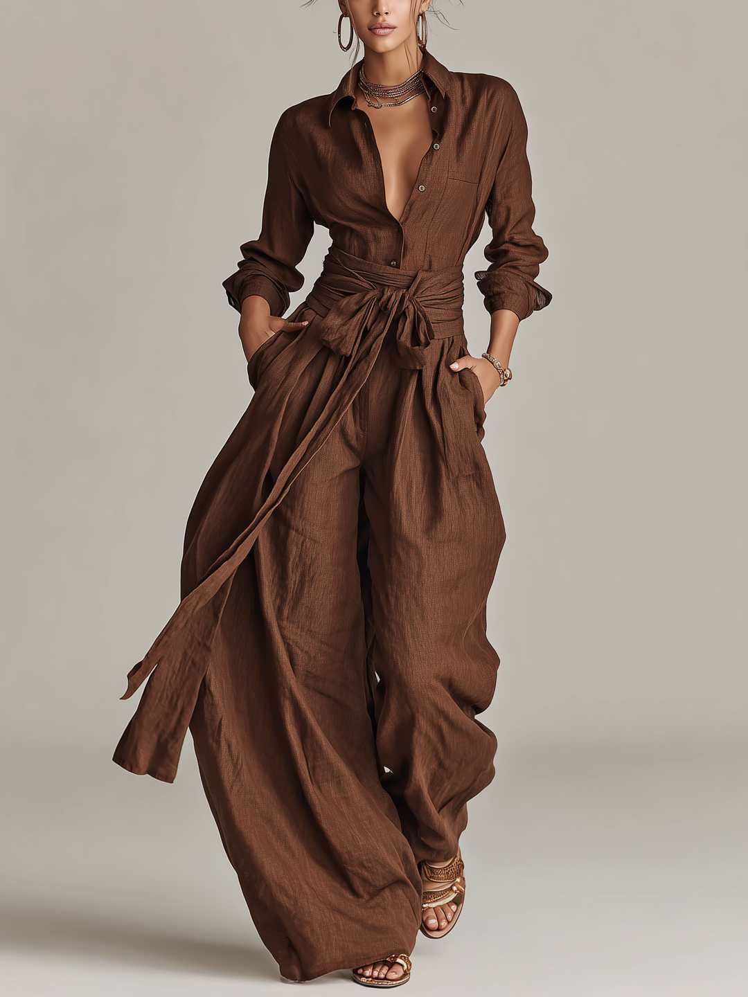 Eduarda | Macacão feminino elegante castanho com gola de camisa
