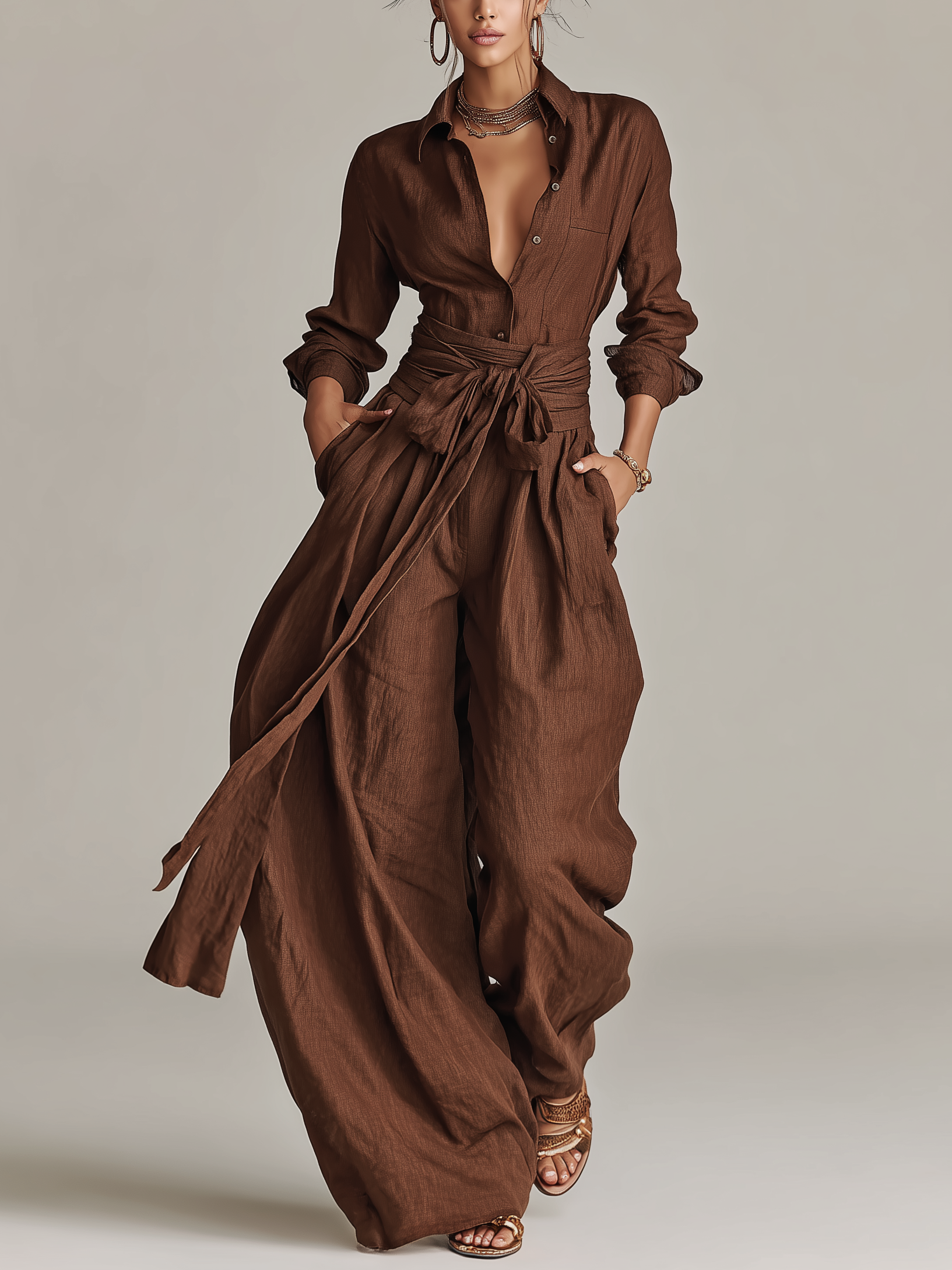 Eduarda | Macacão feminino elegante castanho com gola de camisa