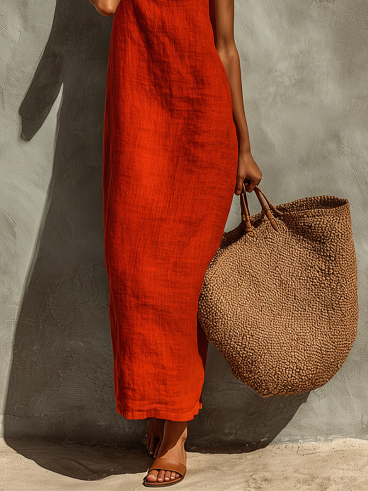 Bruna | Vestido de algodão vermelho para mulher com alças finas e decote quadrado