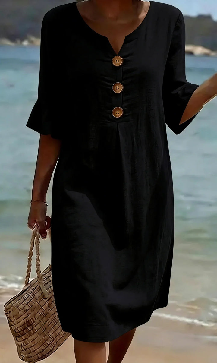 Vanesa  | Vestido com textura de linho com mangas bufantes e botões