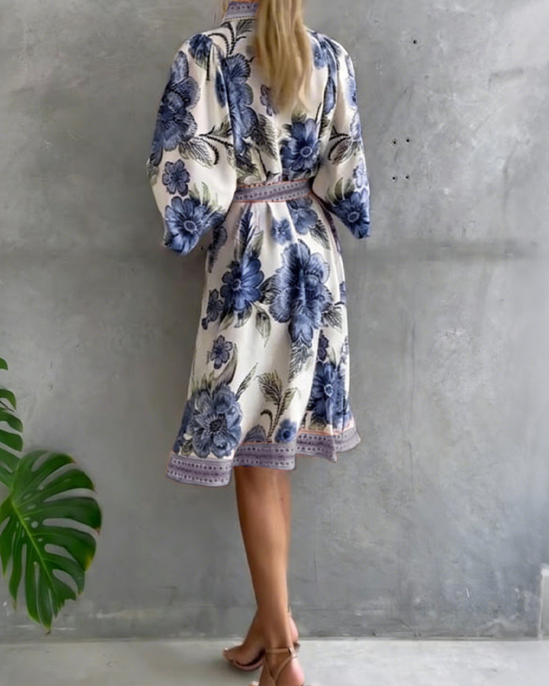 Inês | Vestido de Manga Lanterna com Gola Cranté Estampado