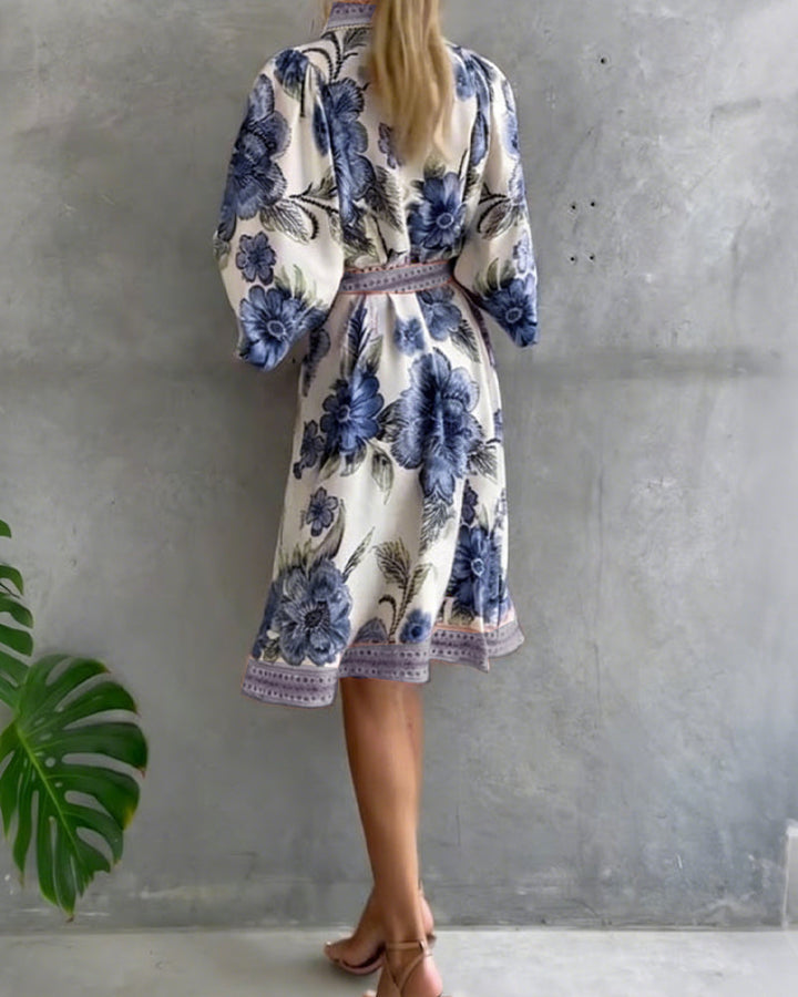 Inês | Vestido de Manga Lanterna com Gola Cranté Estampado