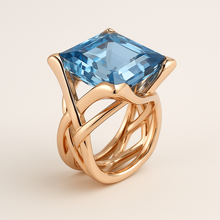 Anel vintage em ouro rosa com zircónia azul