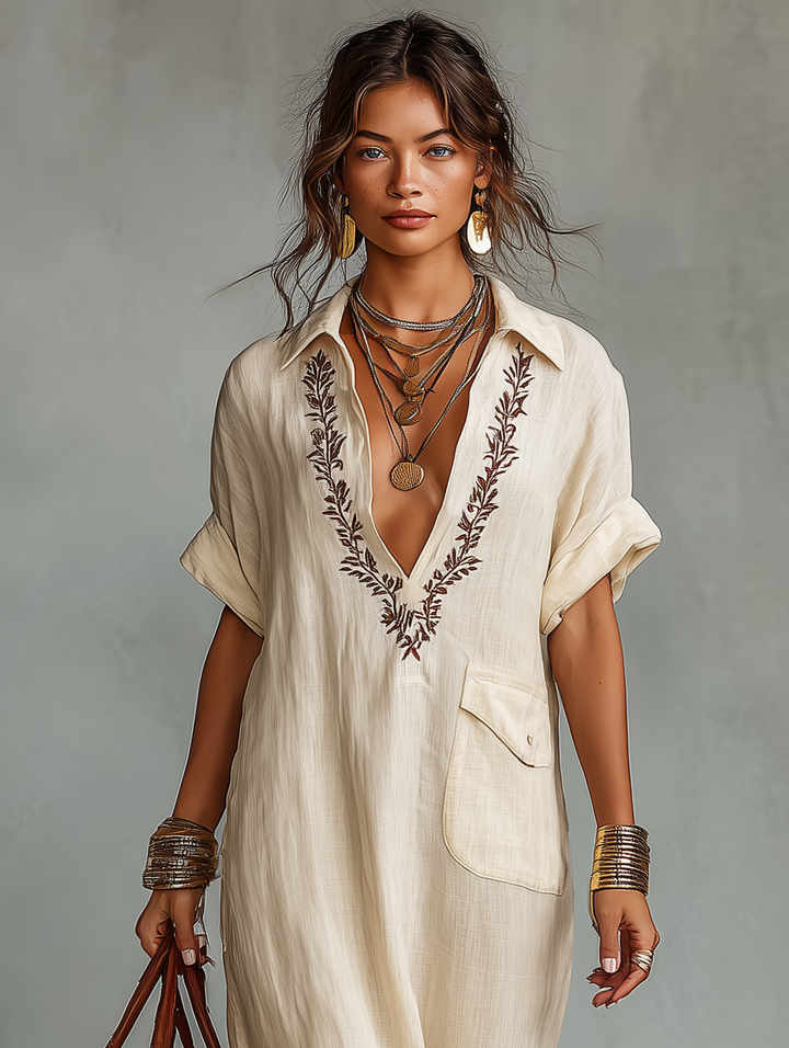 Vestido maxi feminino bordado em mistura de linho com mangas curtas