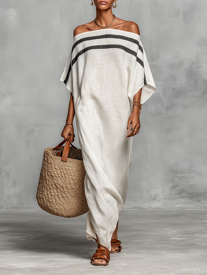 Vestido maxi feminino de linho misto com ombro a descoberto
