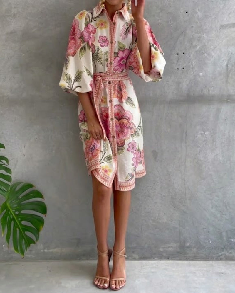 Inês | Vestido de Manga Lanterna com Gola Cranté Estampado
