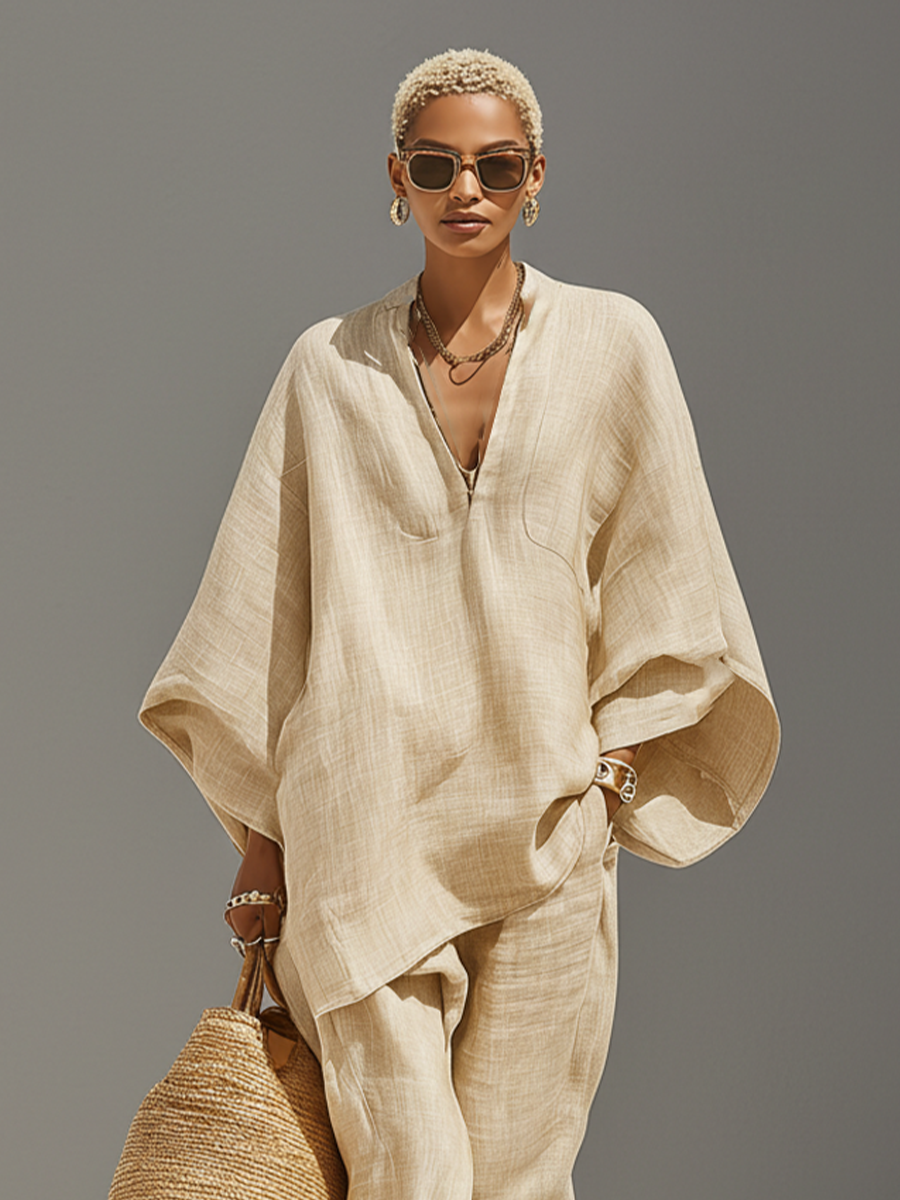 Conjunto feminino de linho neutro com bainha assimétrica e design minimalista, estilo sofisticado