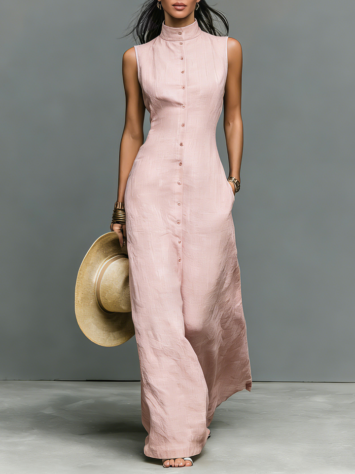 Vestido longo minimalista de linho misto com gola alta, frente única, sem mangas