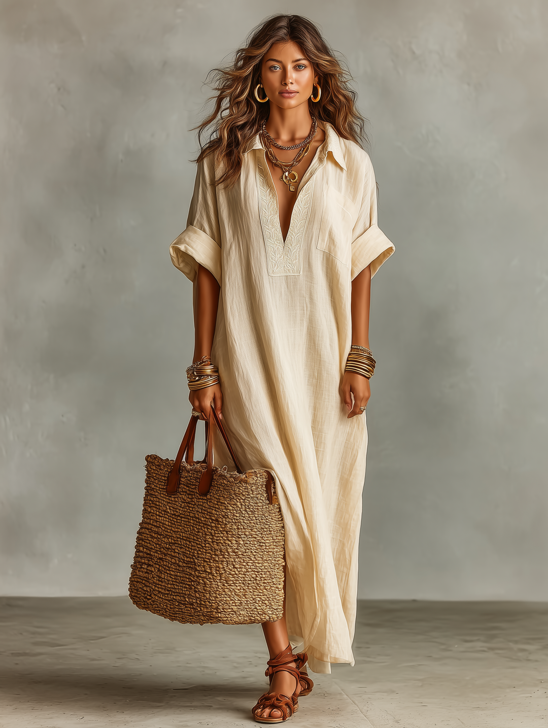 Vestido Maxi Feminino Minimalista Folgado Bordado de Manga Curta