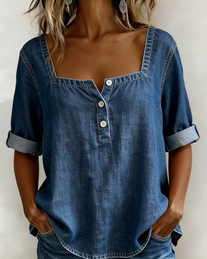 Avélia™ | Camisa de ganga com gola quadrada