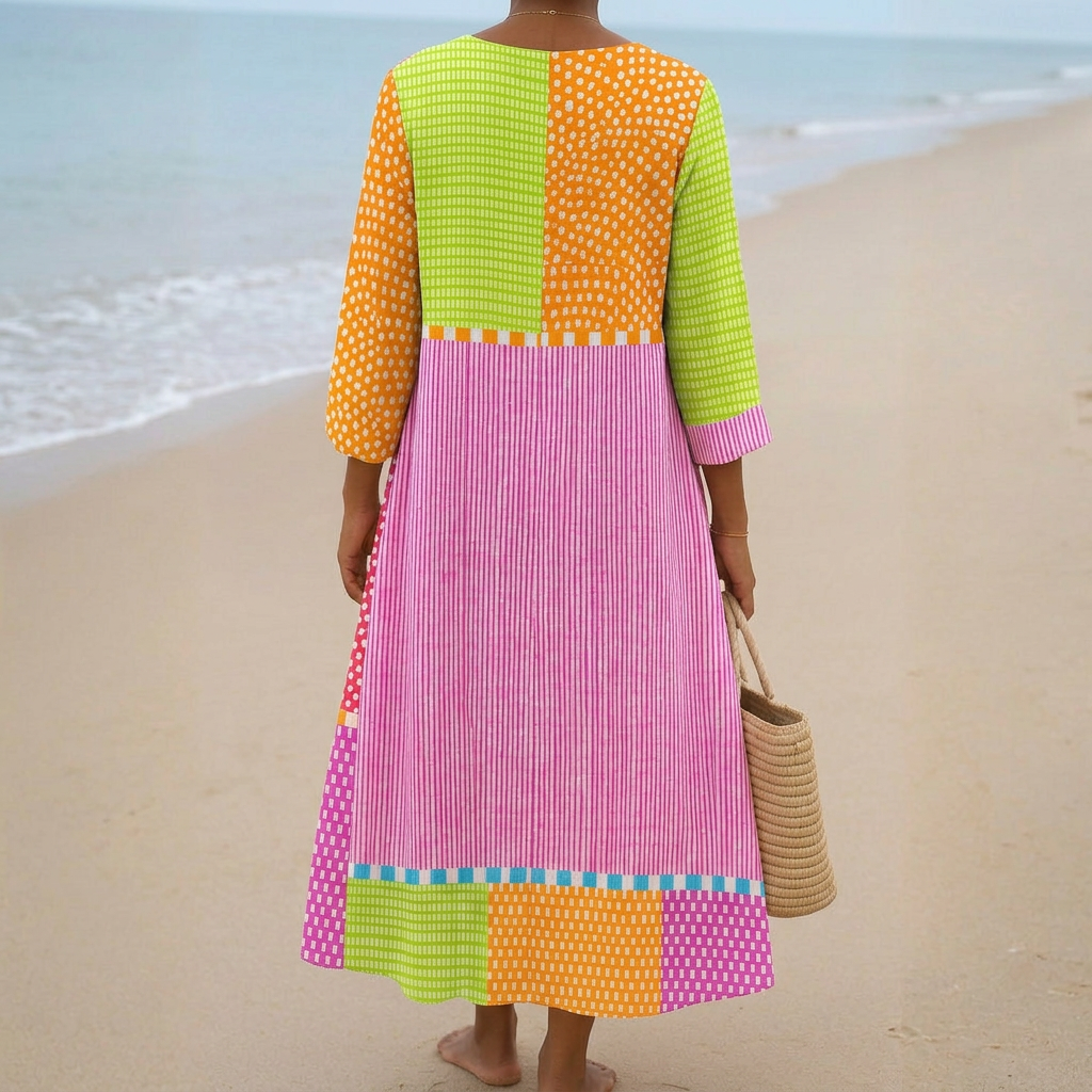 Fátima - Vestido de Patchwork Colorido com Bolinhas e Listras