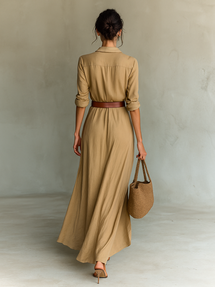 Matilde | Vestido Maxi Feminino de Lapela com Fecho Frontal de Botão Único