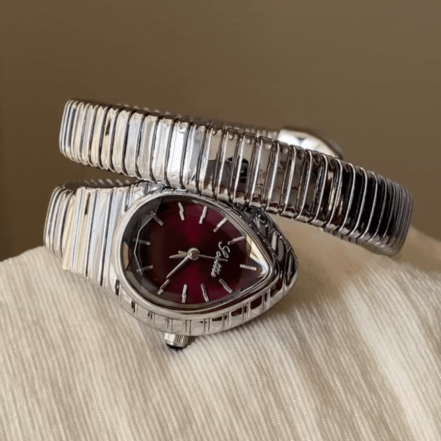 Relógio de pulso com bracelete de serpente prateada – mostrador roxo com cabeça de serpente, peça de moda