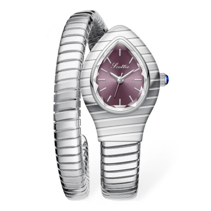 Relógio de pulso com bracelete de serpente prateada – mostrador roxo com cabeça de serpente, peça de moda