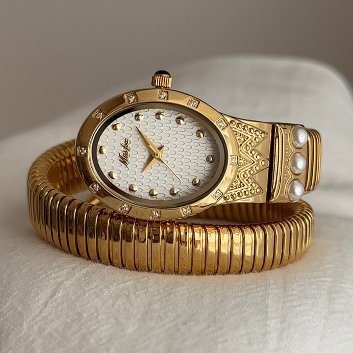 Relógio de pulso com pulseira-serpente dourada para mulheres – mostrador branco, quartzo