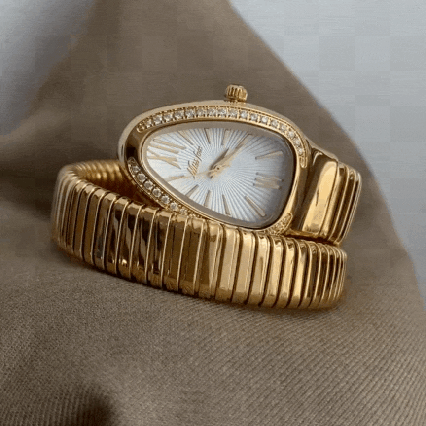 Relógio com pulseira rígida dourada com cabeça de cobra – Mostrador Serpenti branco