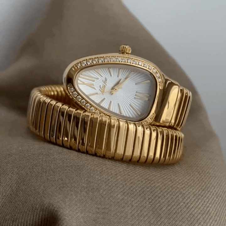 Relógio com pulseira rígida dourada com cabeça de cobra – Mostrador Serpenti branco