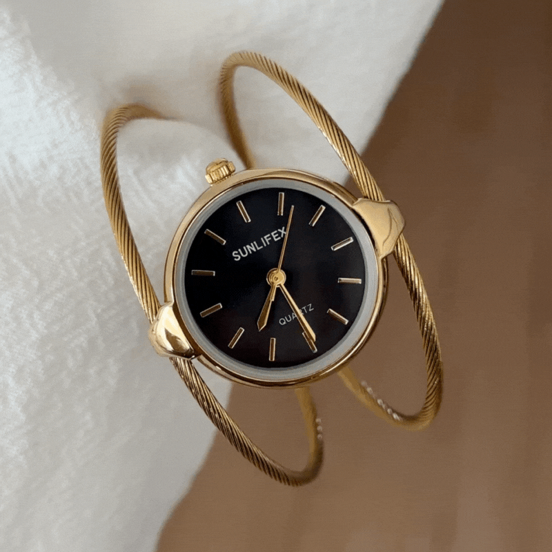 Relógio vintage com pulseira de elos dourados – mostrador preto redondo, relógio feminino de quartzo