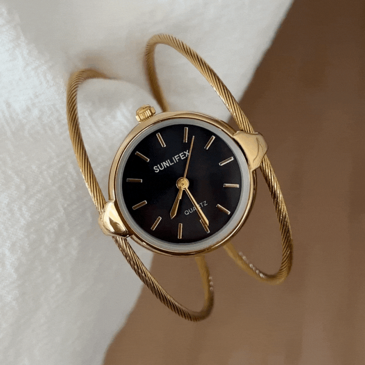 Relógio vintage com pulseira de elos dourados – mostrador preto redondo, relógio feminino de quartzo