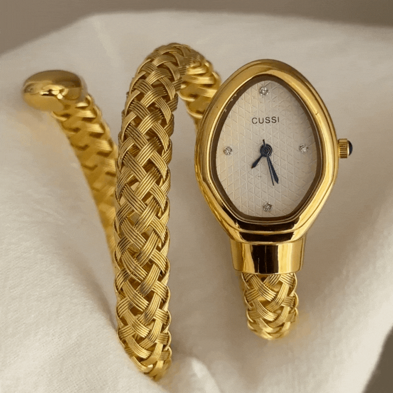 Relógio Serpenti Vintage com pulseira de serpente para mulheres – Relógio de quartzo com mostrador branco em tom dourado