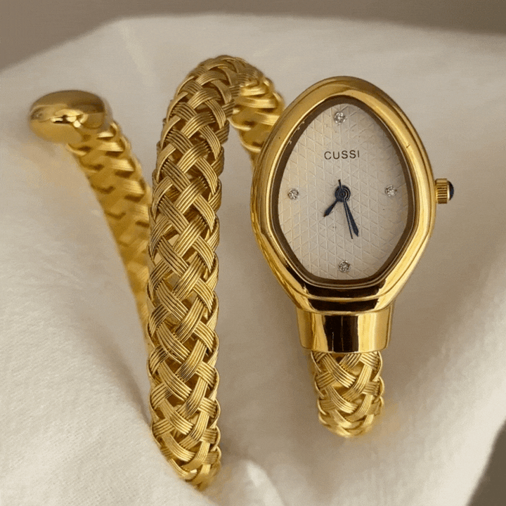 Relógio Serpenti Vintage com pulseira de serpente para mulheres – Relógio de quartzo com mostrador branco em tom dourado