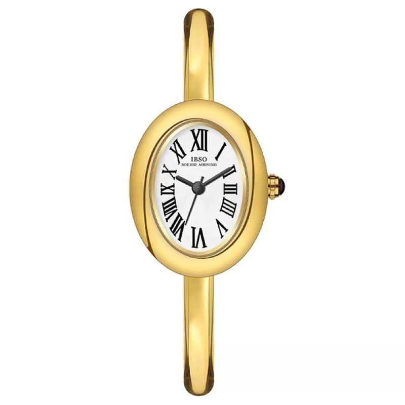 Relógio de pulso feminino dourado elegante com pulseira rígida – Mostrador ovalado branco em formato de banheira