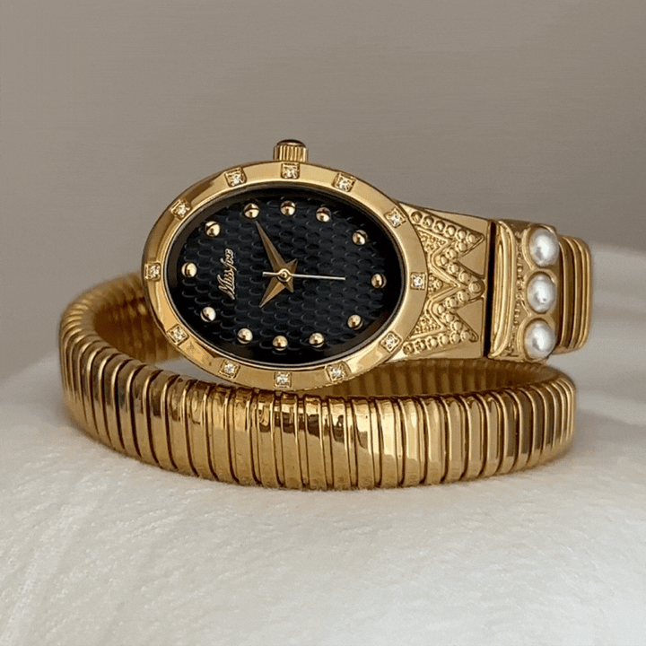Relógio de pulso com pulseira de serpente dourada para mulheres – mostrador preto