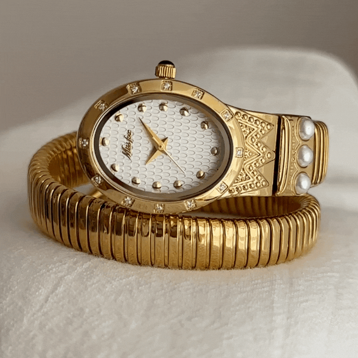 Relógio de pulso com pulseira-serpente dourada para mulheres – mostrador branco, quartzo