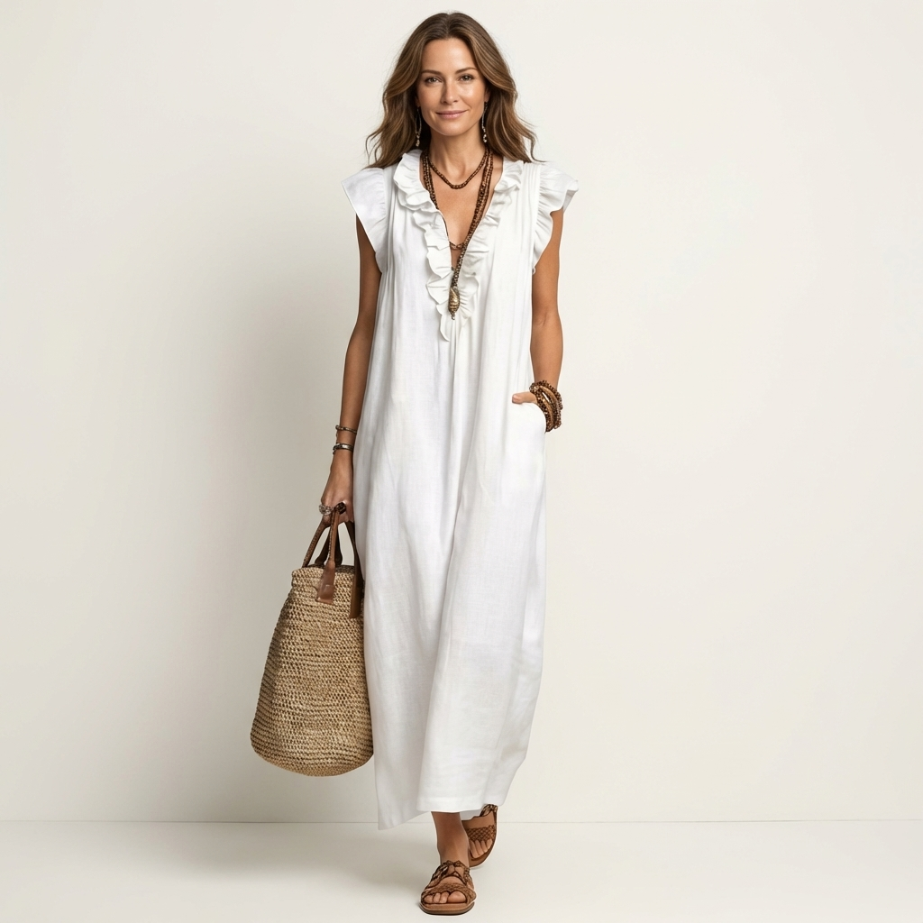 Maria | Vestido Maxi de Linho Decote em V com Folhos