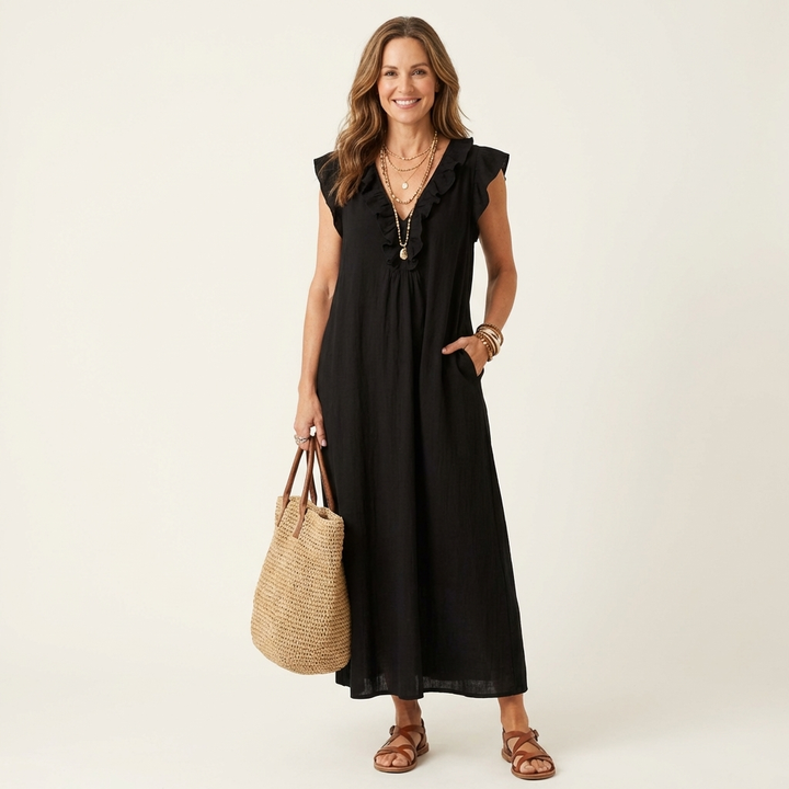 Maria | Vestido Maxi de Linho Decote em V com Folhos