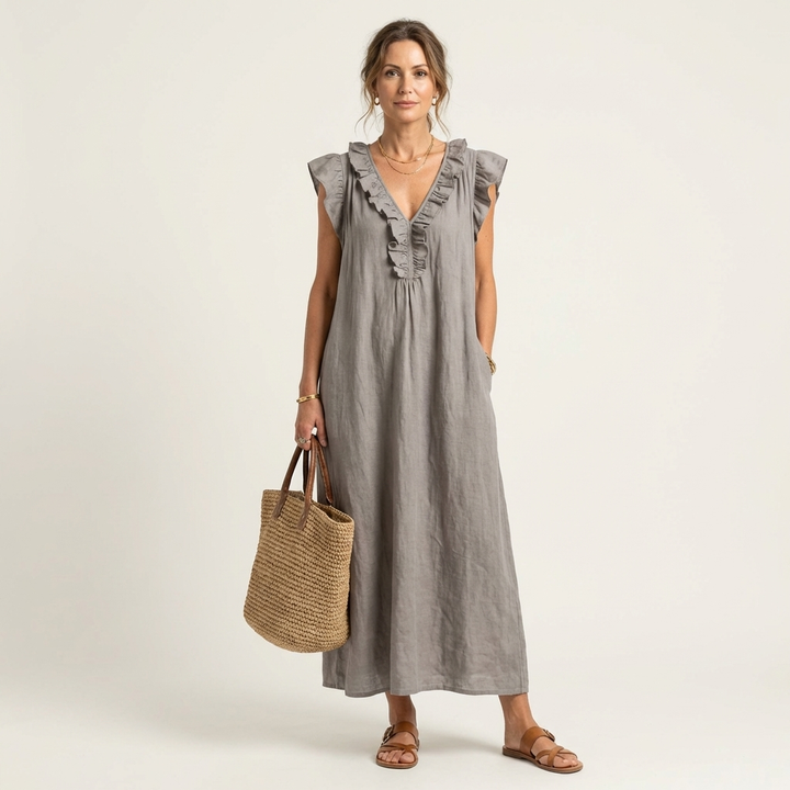 Maria | Vestido Maxi de Linho Decote em V com Folhos