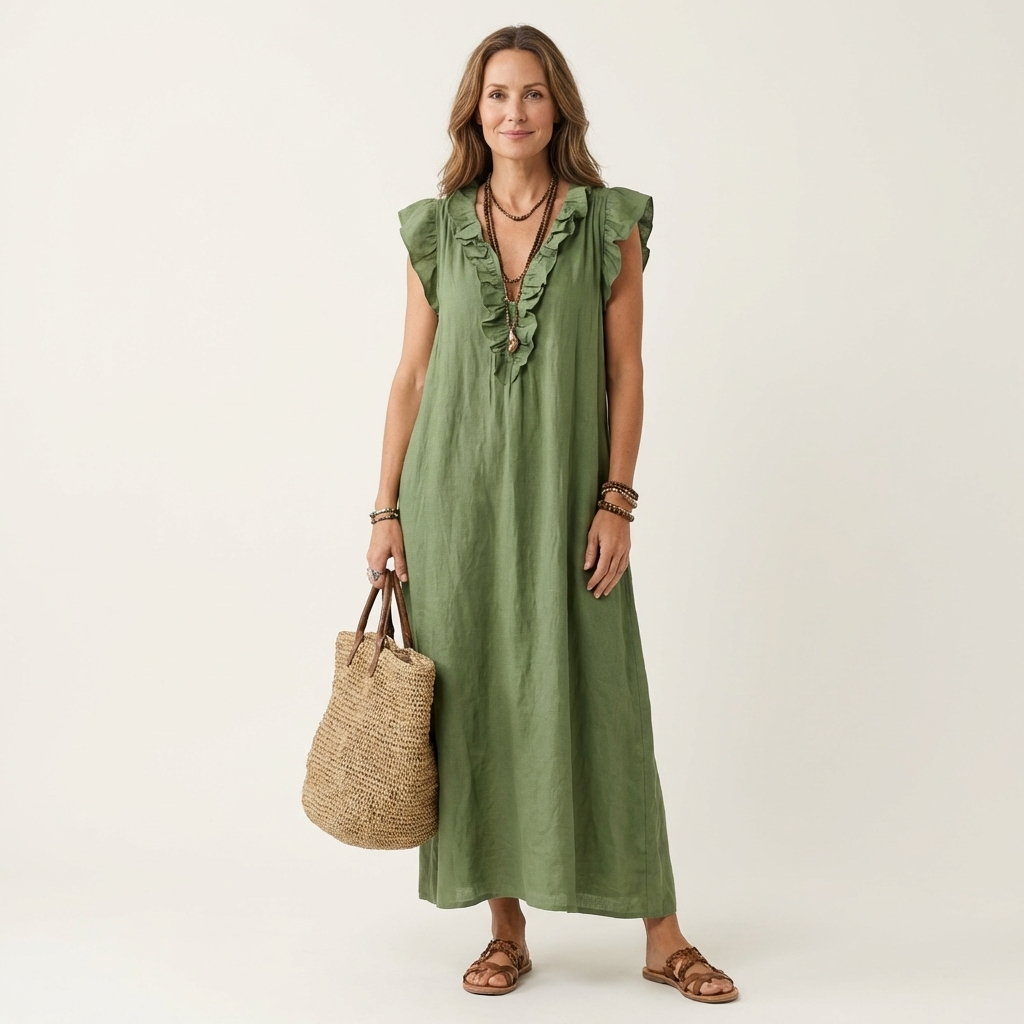 Maria | Vestido Maxi de Linho Decote em V com Folhos