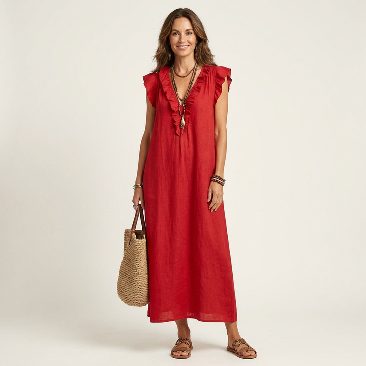 Maria | Vestido Maxi de Linho Decote em V com Folhos