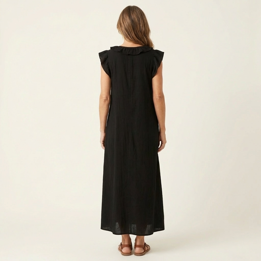Maria | Vestido Maxi de Linho Decote em V com Folhos