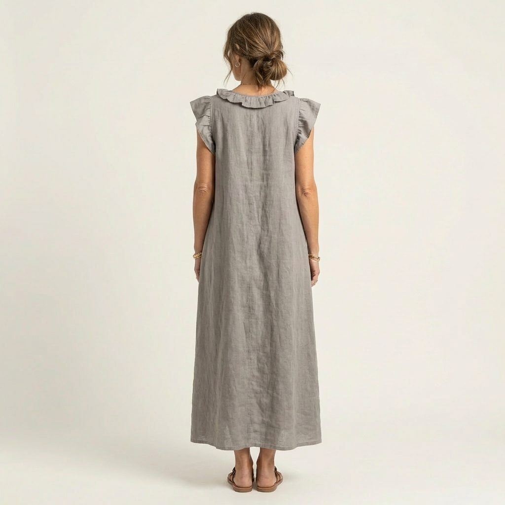 Maria | Vestido Maxi de Linho Decote em V com Folhos