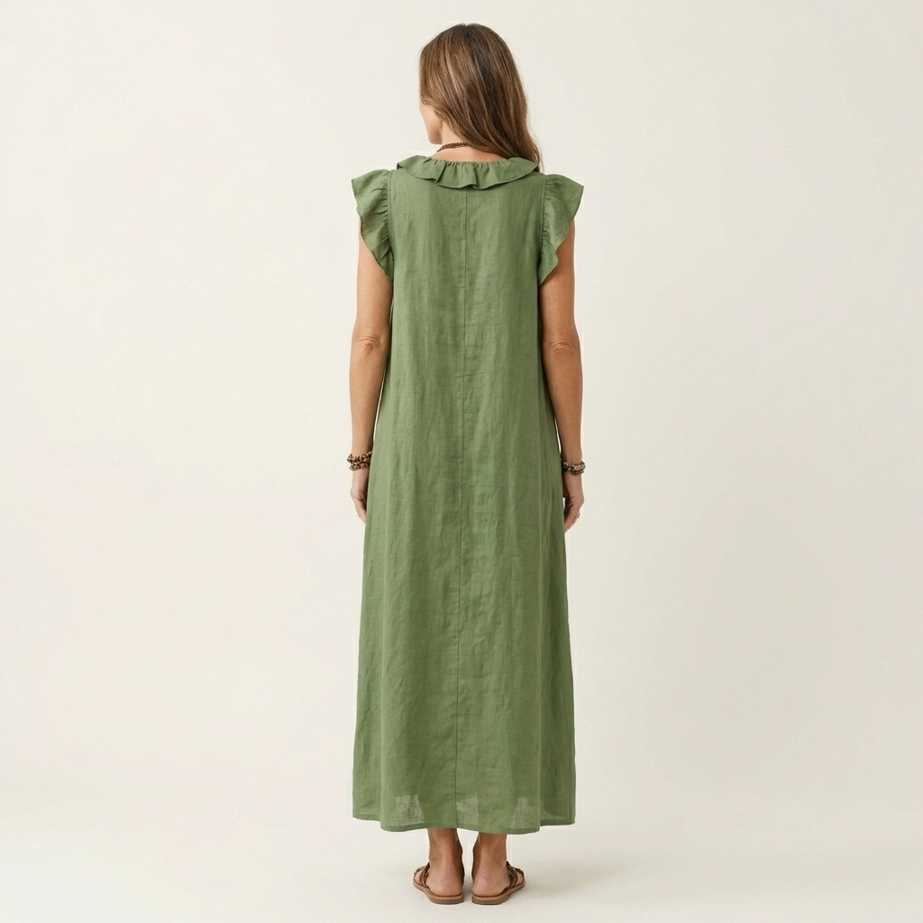 Maria | Vestido Maxi de Linho Decote em V com Folhos