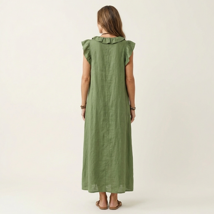 Maria | Vestido Maxi de Linho Decote em V com Folhos
