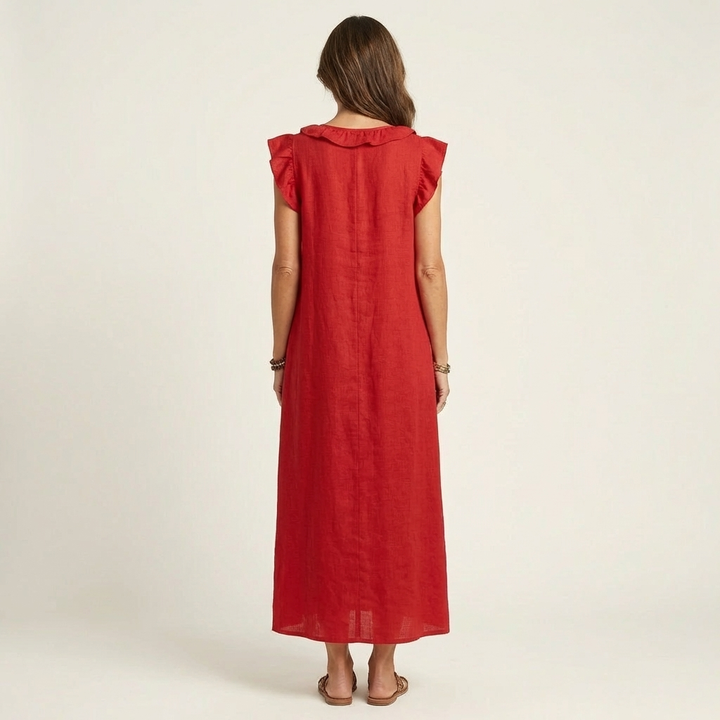 Maria | Vestido Maxi de Linho Decote em V com Folhos
