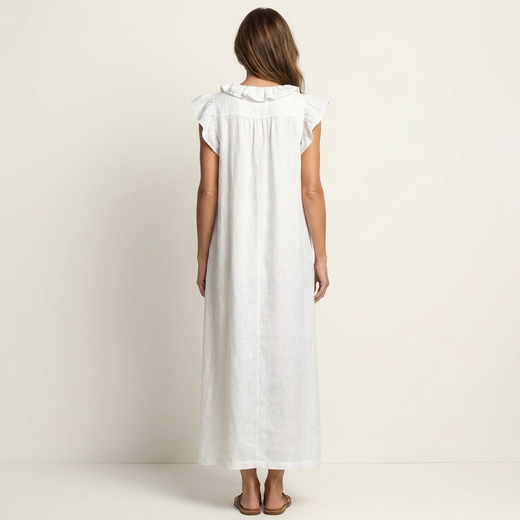 Maria | Vestido Maxi de Linho Decote em V com Folhos