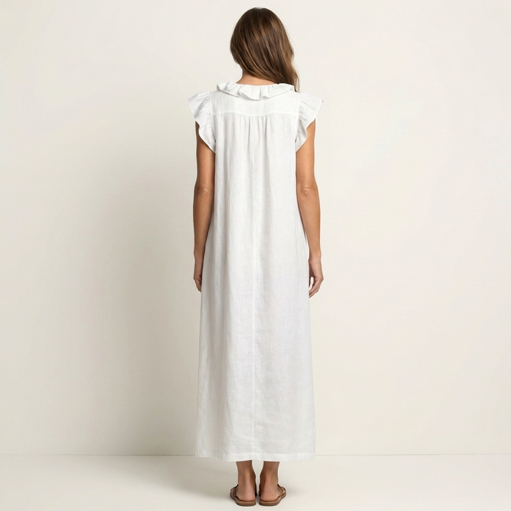 Maria | Vestido Maxi de Linho Decote em V com Folhos