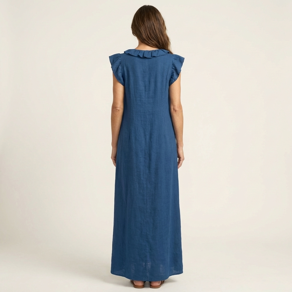 Maria | Vestido Maxi de Linho Decote em V com Folhos