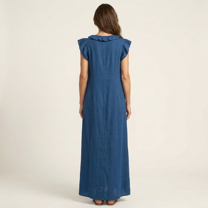Maria | Vestido Maxi de Linho Decote em V com Folhos