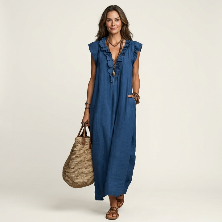 Maria | Vestido Maxi de Linho Decote em V com Folhos