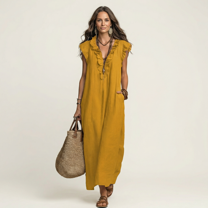 Maria | Vestido Maxi de Linho Decote em V com Folhos