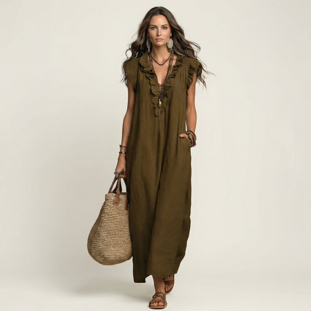 Maria | Vestido Maxi de Linho Decote em V com Folhos
