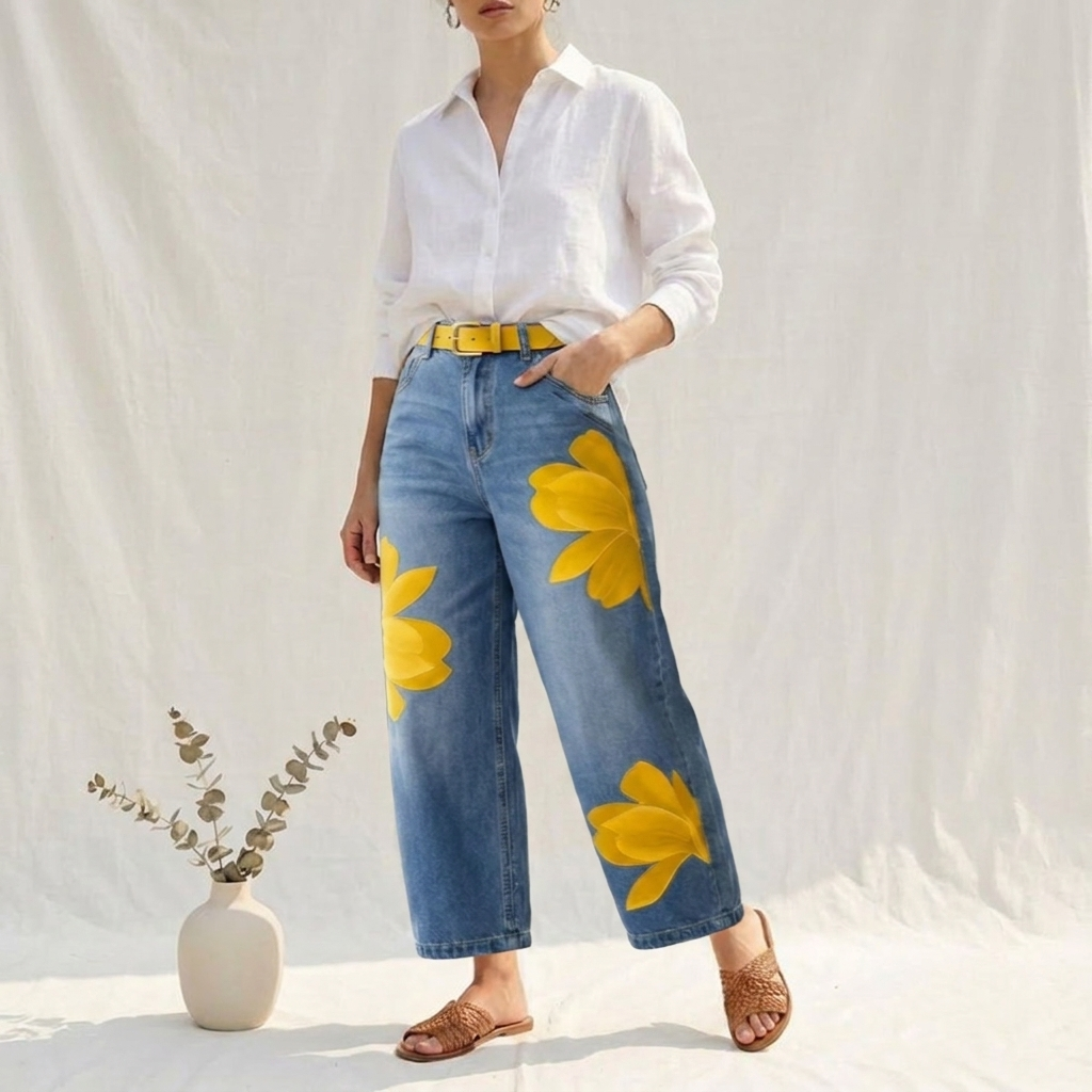 Beatrix | Elegante Calça jeans amarela de corte folgado